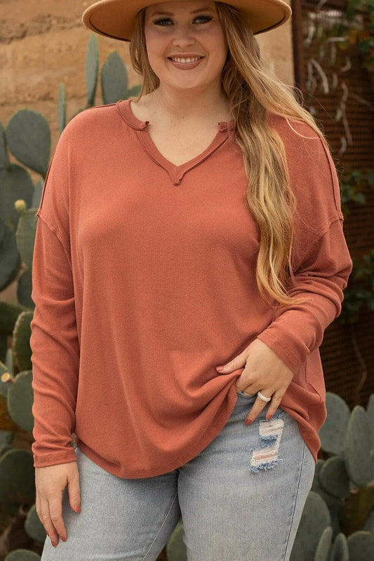 Plus Size/Plus Size Tops/Plus Size Long Sleeve Tops Gold Flame / 1X / 93%Viscose+7%Elastane Gold Flame Plus Size Exposed Seam V Neck Long Sleeve Top