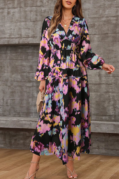 Black Abstract Print Pleated High Waist Maxi Dress - Chic Meadow Boutique 