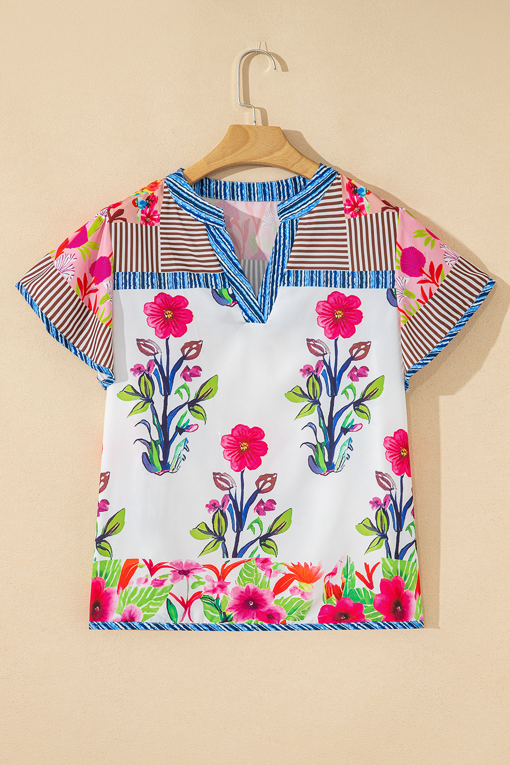 Pink Floral Striped Patchwork Short Sleeve Split Neck Blouse