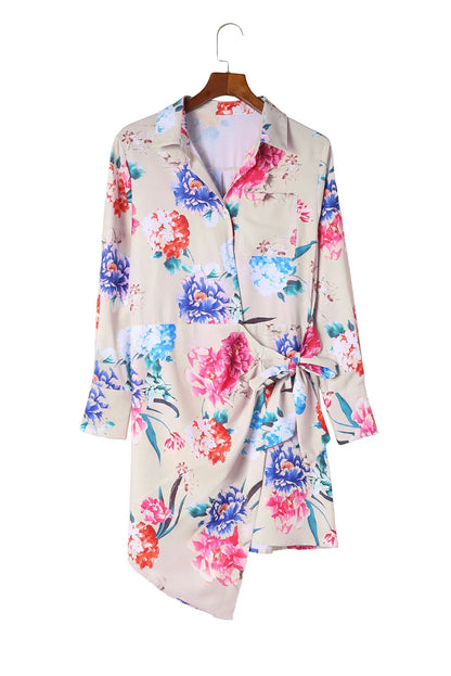 Multicolor Floral Print Wrap Tie Mini Shirt Dress - Chic Meadow Boutique 