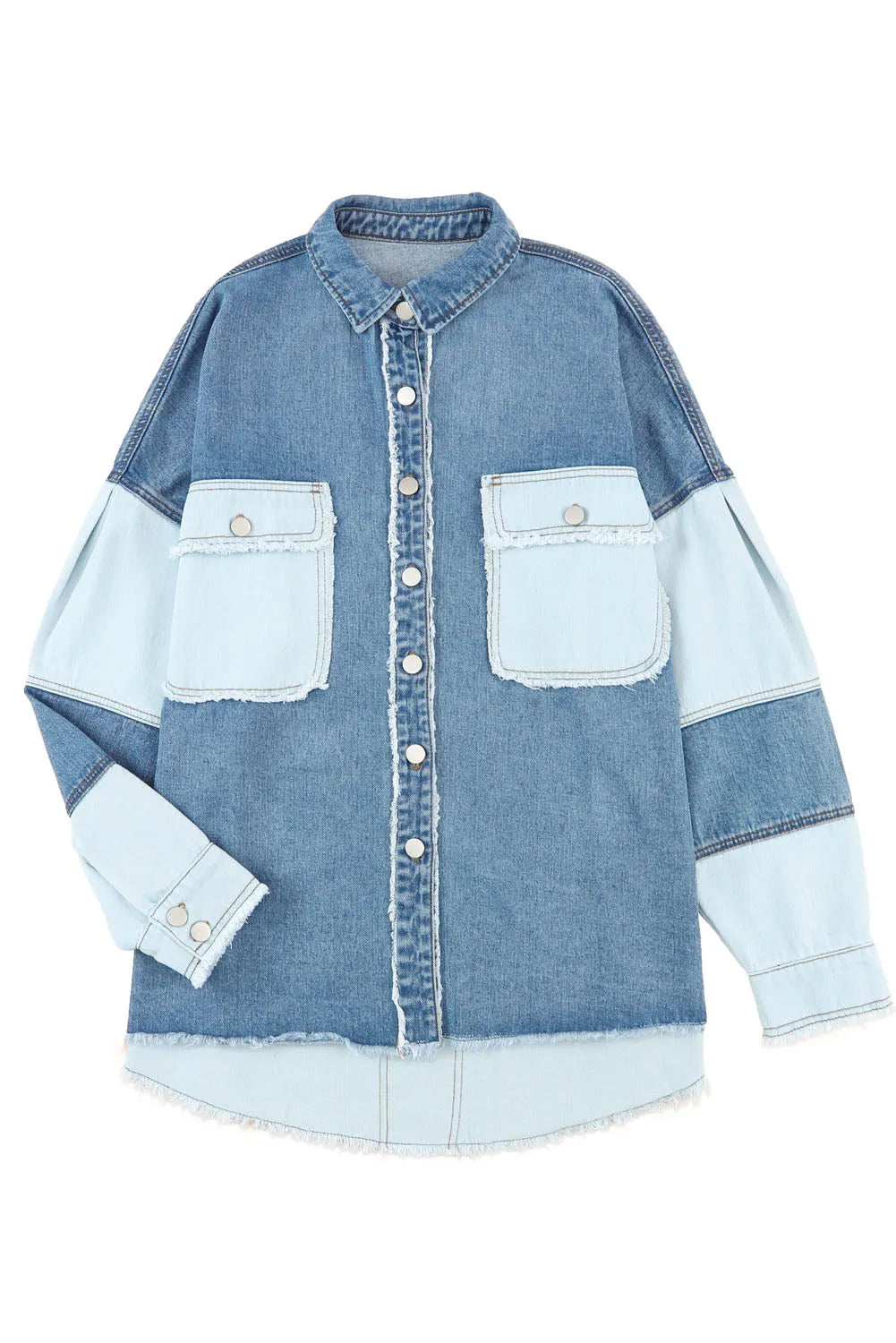 Blue Color Block Frayed Patchwork Oversize Denim Jacket - Chic Meadow Boutique 