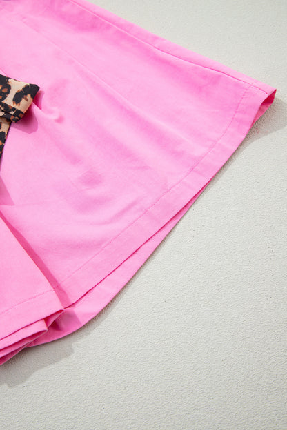 Bright Pink Leopard Contrast Sash Belt Pleated Wide Leg Shorts