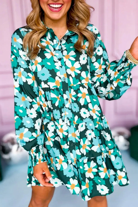 Green Floral Tiered Long Puff Sleeve Shirt Dress - Chic Meadow Boutique 