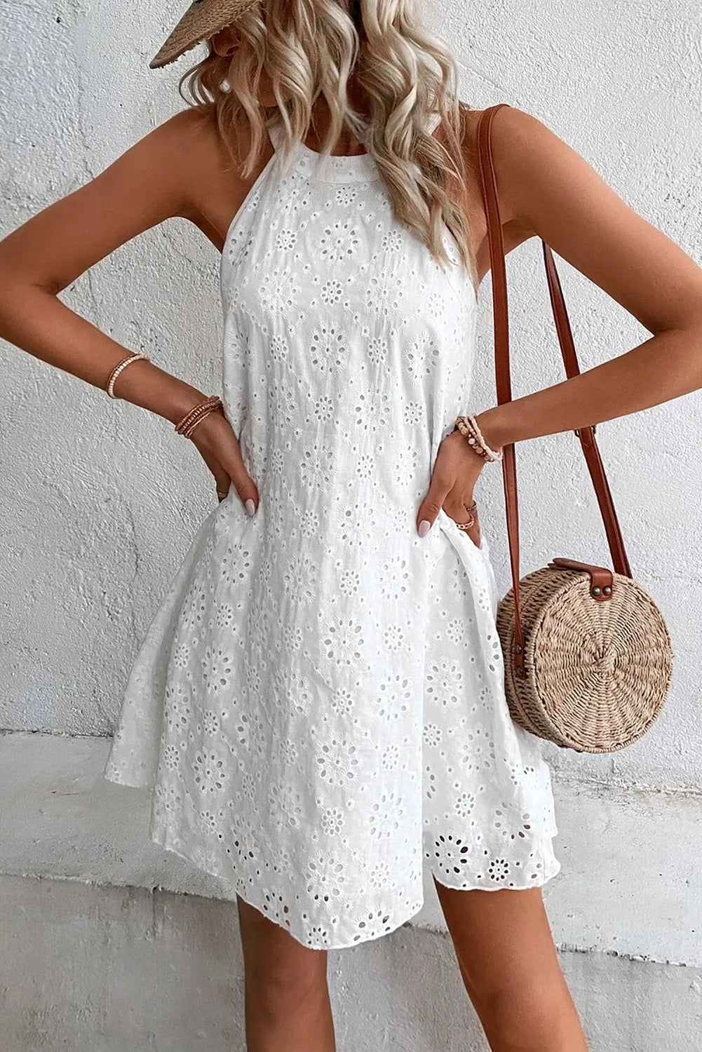 White Boho Eyelet Pattern Halter Neck Sleeveless Dress - Chic Meadow Boutique 