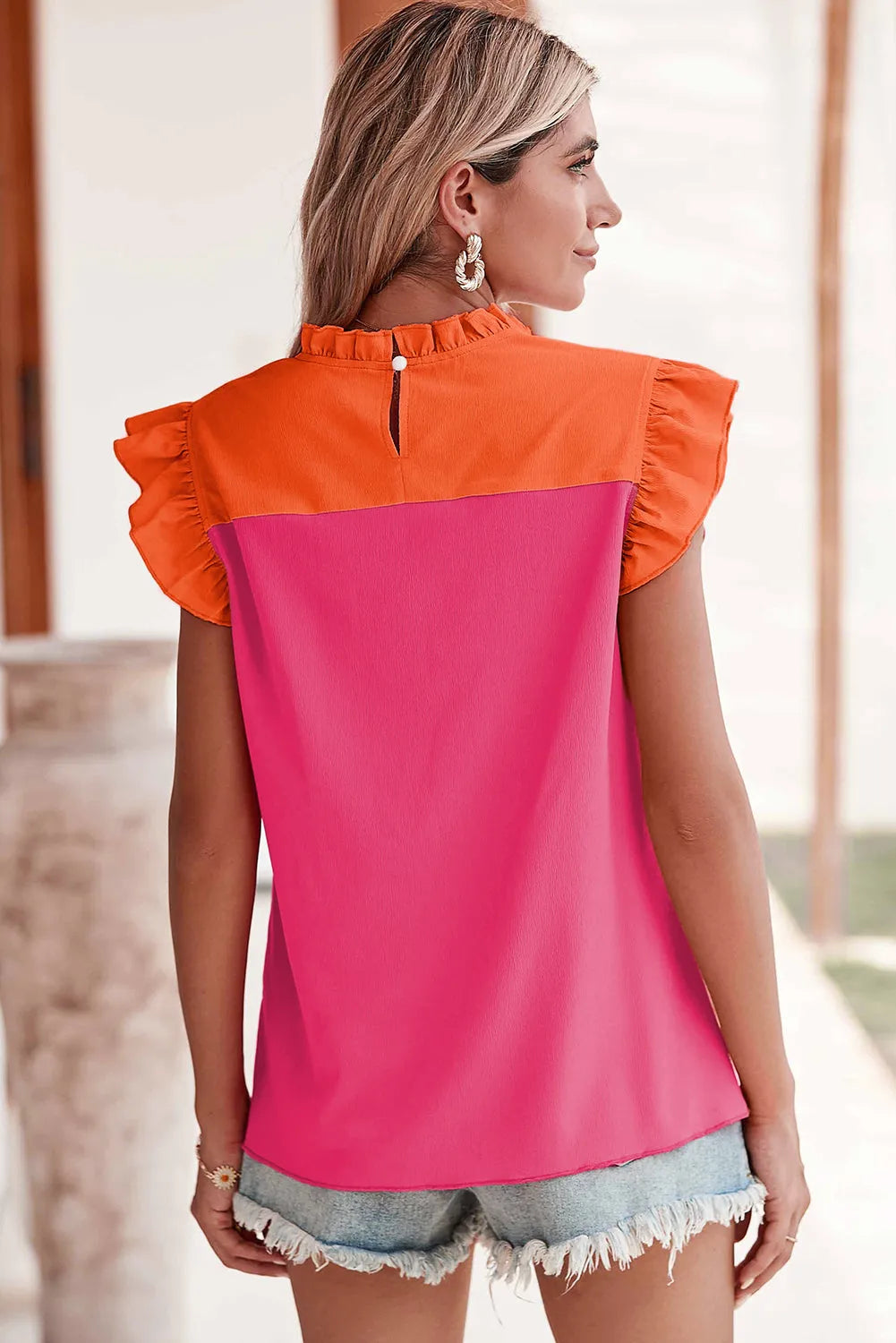 Orange Two Tone Ruffled Flutter Sleeve Blouse - Chic Meadow Boutique 