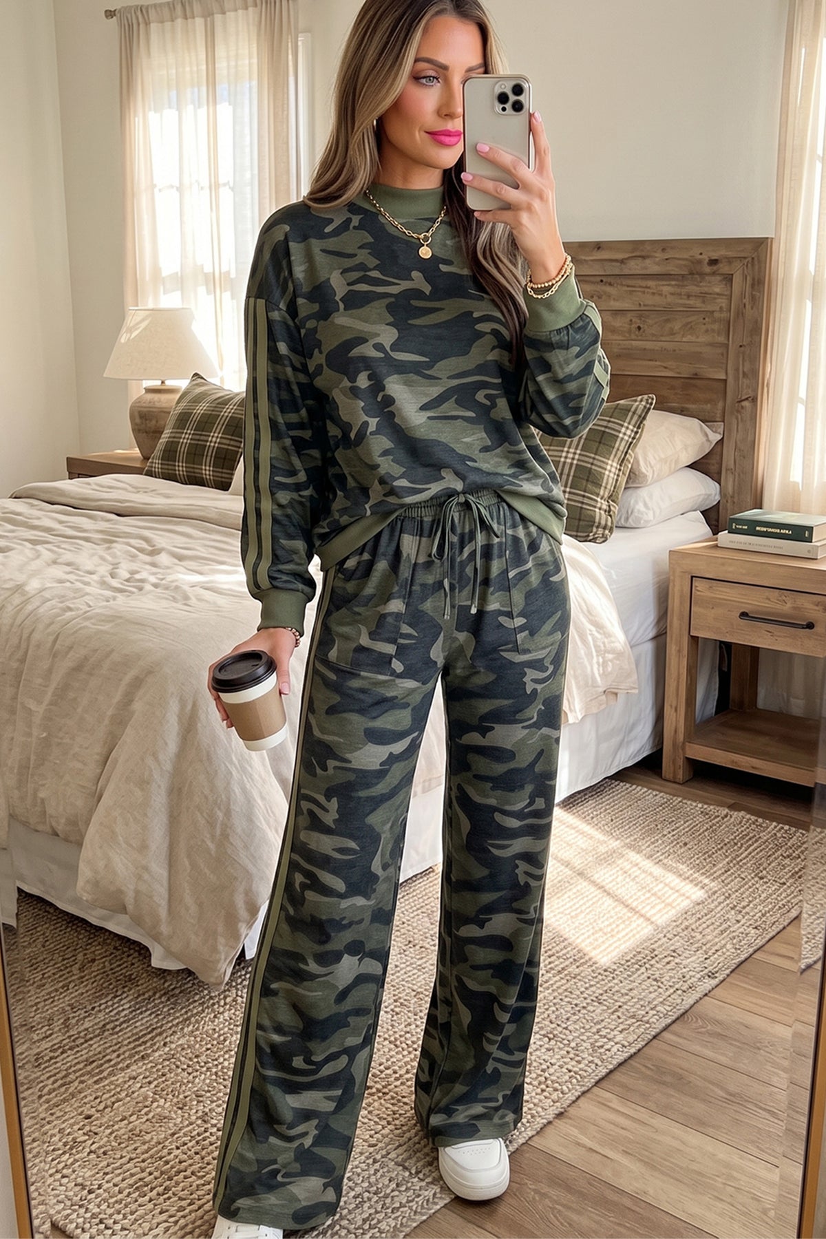 Multicolour Camouflage Patchwork Striped Detail Long Sleeve Top Casual Pants Set