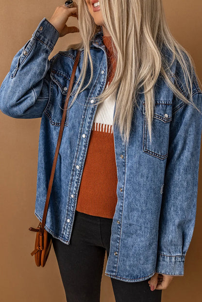 Chest Pockets Long Sleeve Denim Shirt Jacket - Chic Meadow Boutique 