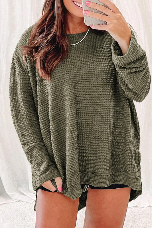 Plus Size/Plus Size Tops/Plus Size Long Sleeve Tops Moss Green / 1X / 95%Polyester+5%Elastane Moss Green Plus Size Textured Knit Long Sleeve Top