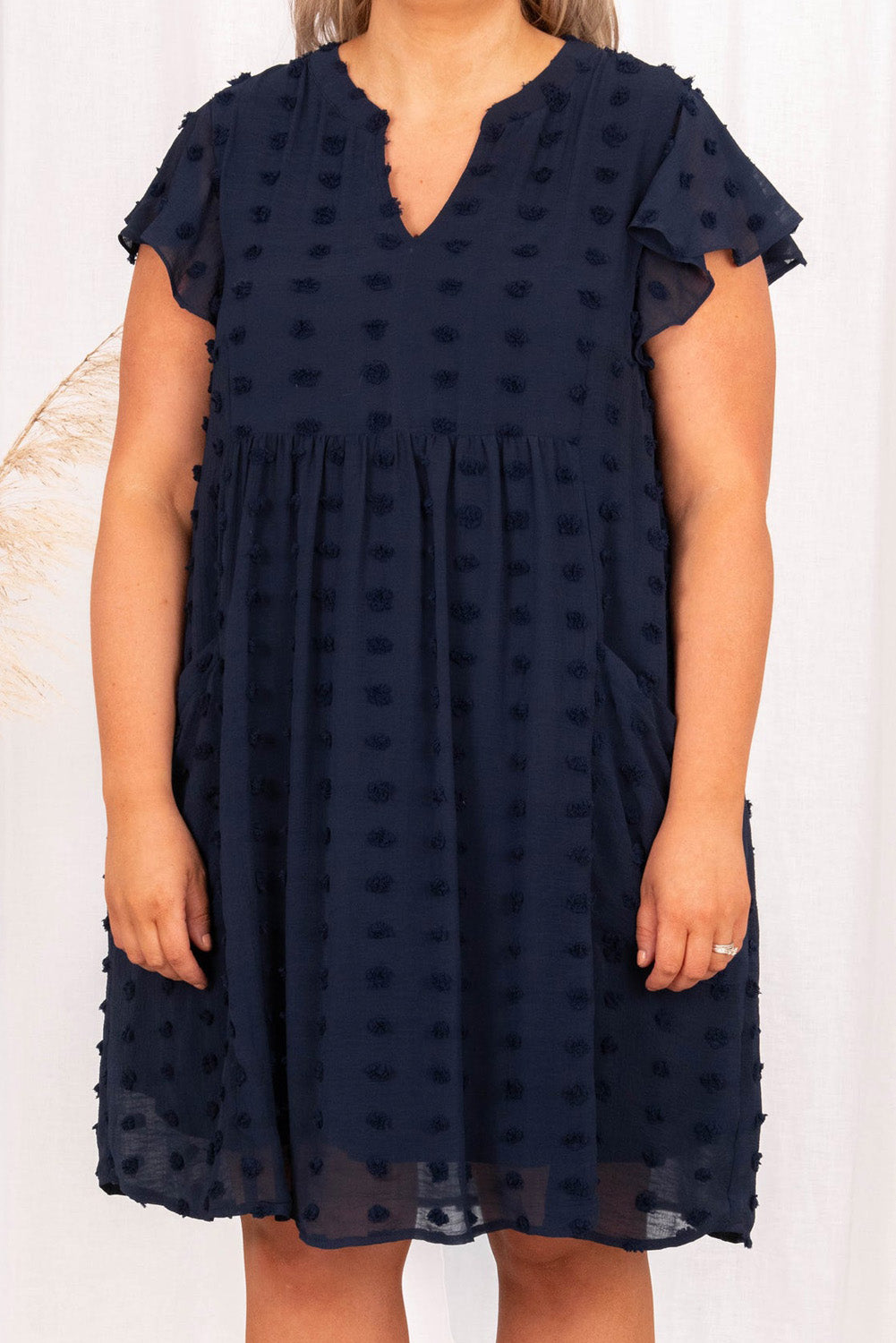 Navy Blue Dotty Textured Notched Neck Plus Ruffled Dress