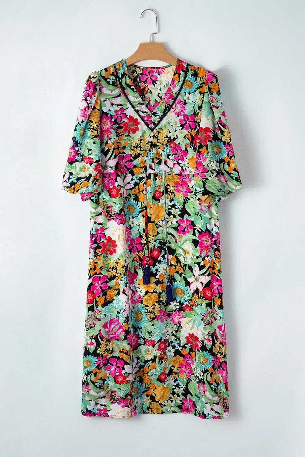 Green Floral Puff Sleeve V Neck Tassel Drawstring Dress - Chic Meadow Boutique 