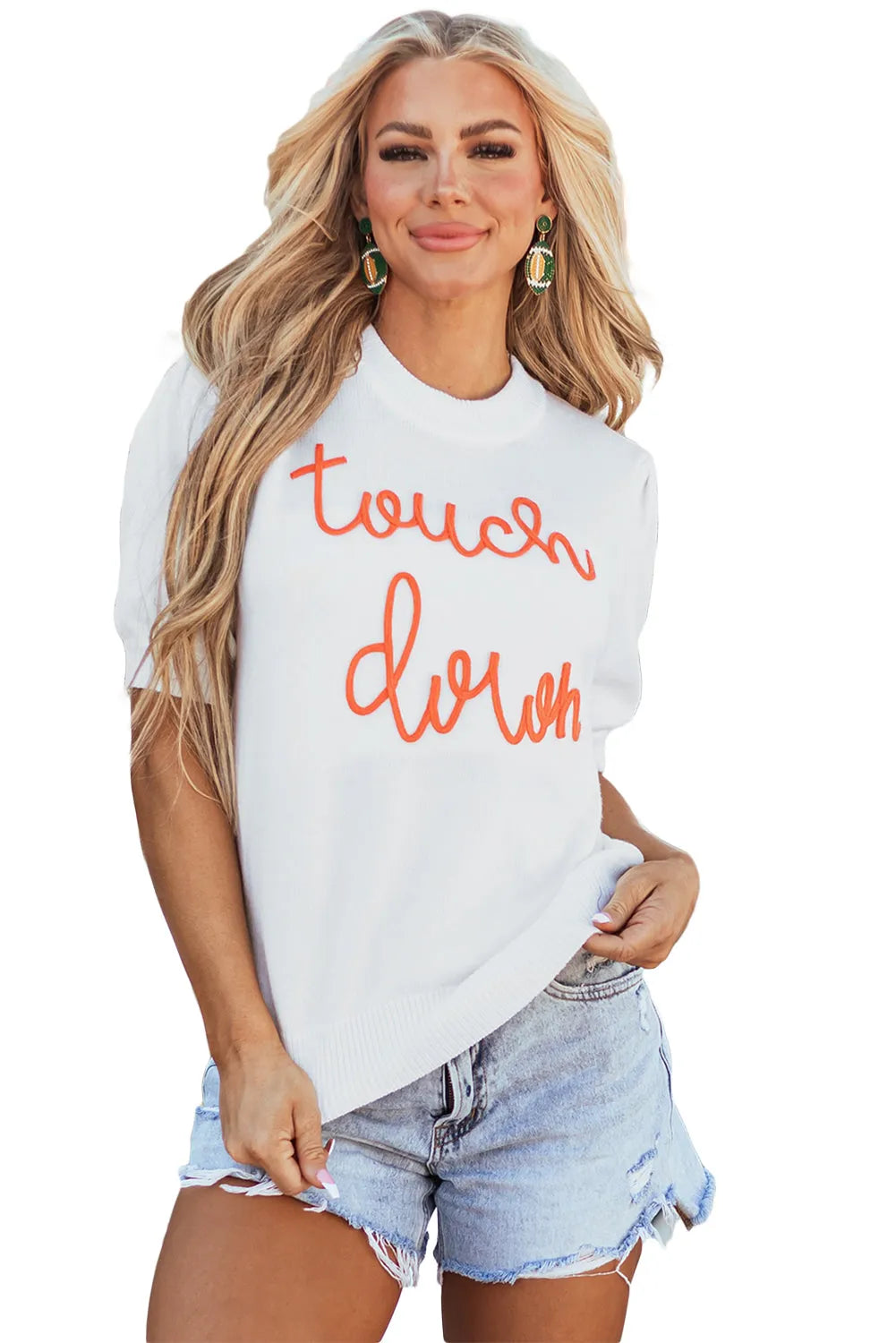 White Touchdown Tinsel Puff Short Sleeve Crew Neck Sweater - Chic Meadow Boutique 