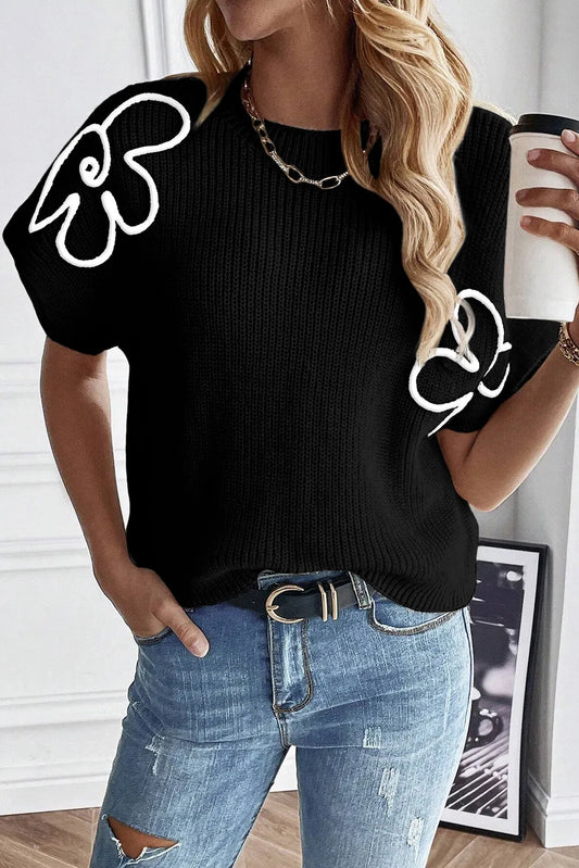 Black Flower Embroidery Sweater Tee - Chic Meadow Boutique 