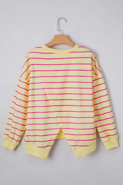 Yellow Stripe Stylish Overlap Detail Drop Shoulder Pullover Sweatshirt