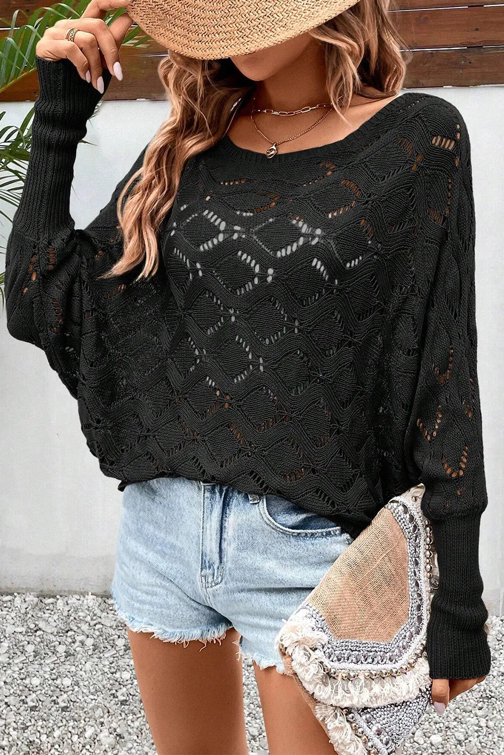 Black Chic Rhombus Knit Dolman Sleeve Sweater - Chic Meadow Boutique 