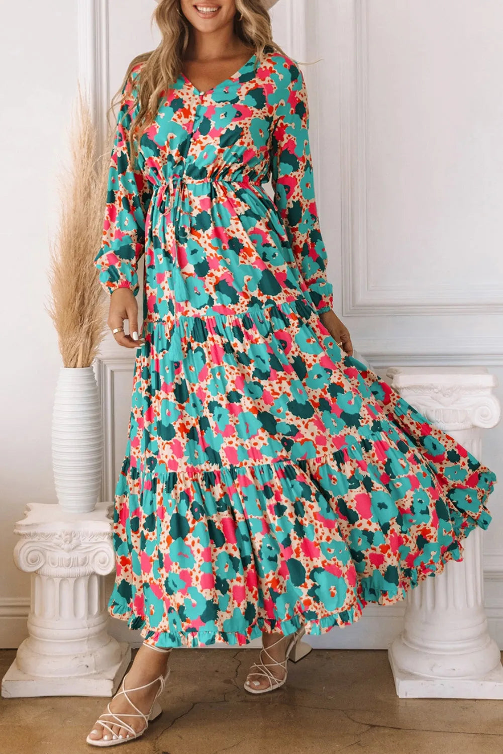 Multicolor Bohemia Print V Neck Ruffle Long Sleeve Maxi Dress - Chic Meadow Boutique 