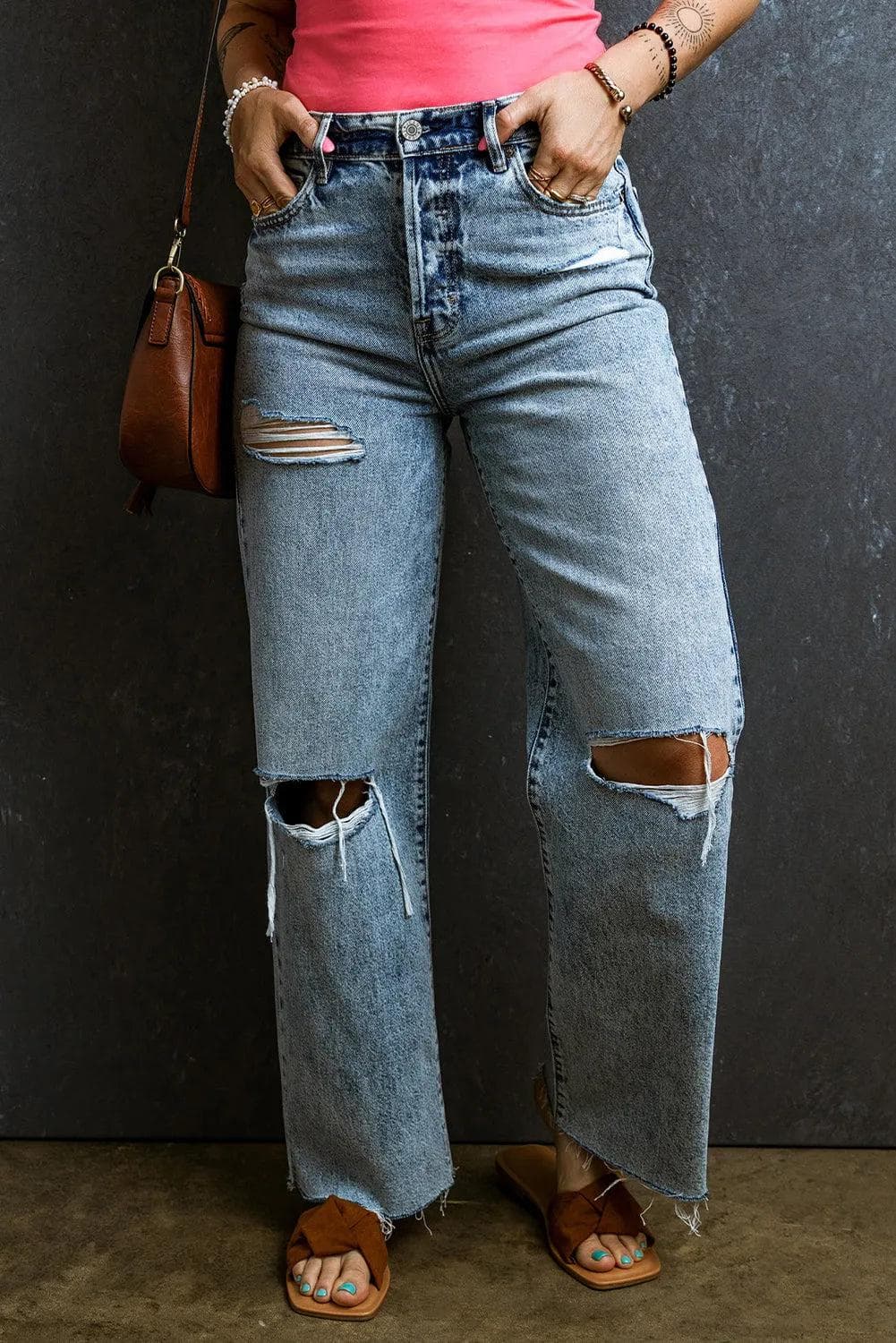 Bottoms/Jeans Light Blue / 6 / 71%Cotton+27.5%Polyester+1.5%Elastane Light Blue Distressed Ripped Raw Hem Straight Jeans