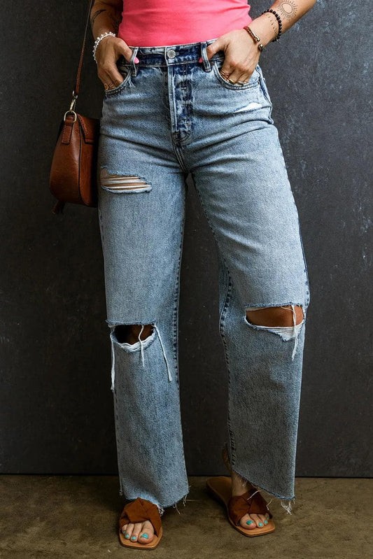 Bottoms/Jeans Light Blue / 6 / 71%Cotton+27.5%Polyester+1.5%Elastane Light Blue Distressed Ripped Raw Hem Straight Jeans