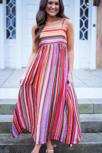 Dresses/Maxi Dresses Multicolour Striped Thin Straps Smocked Back Boho Maxi Dress