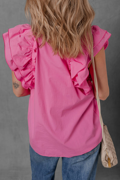 Sachet Pink Shirred Yoke Lace up V Neck Ruffled Sleeve Blouse