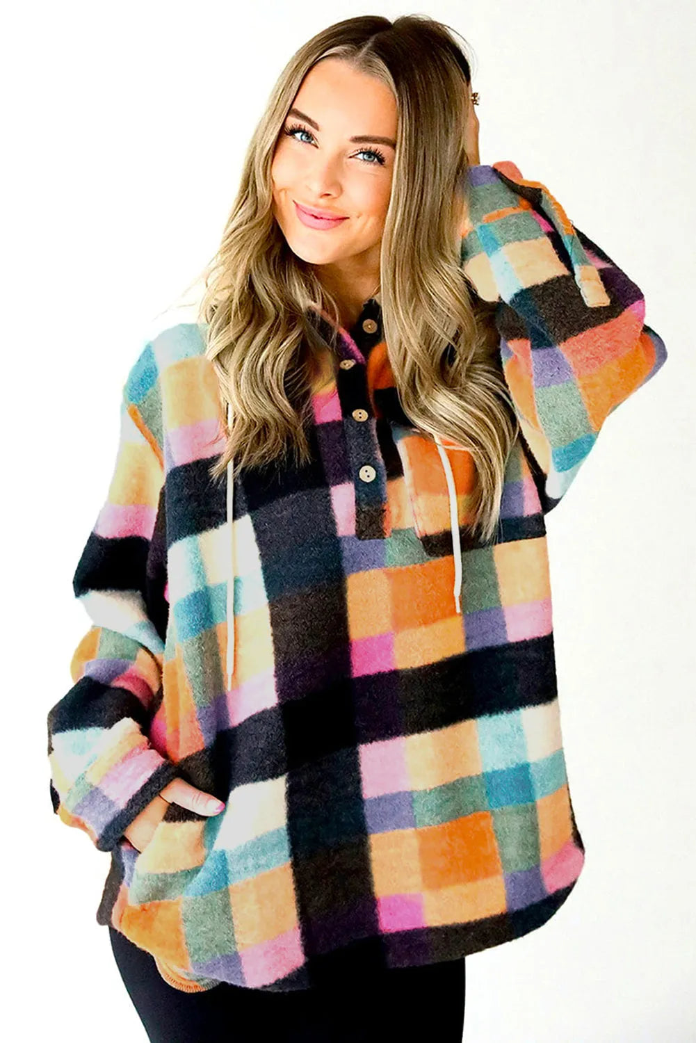 Multicolour Plaid Color Block Flap Pocket Buttoned Hoodie - Chic Meadow Boutique 