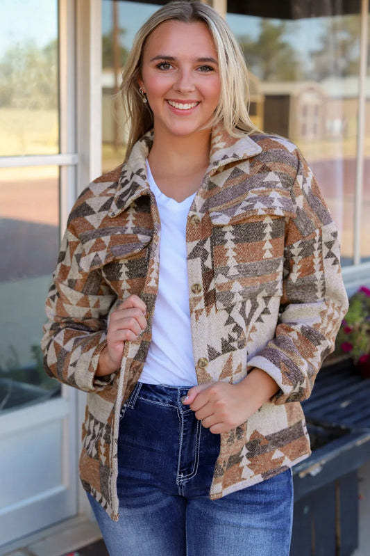 Brown Aztec Print Flap Pocket Button-up Jacket - Chic Meadow Boutique 