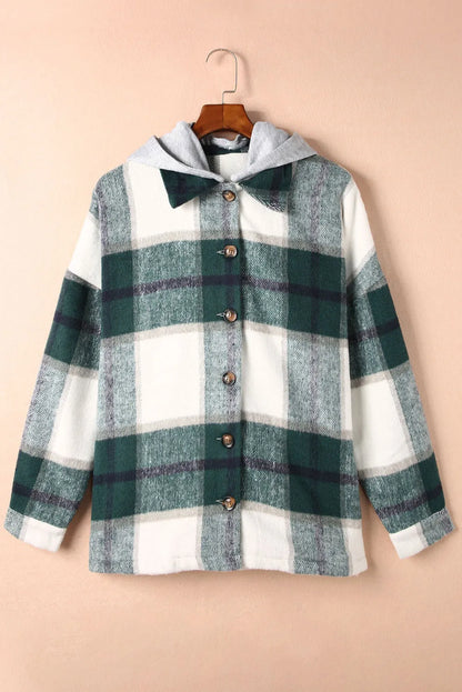 Green Hooded Plaid Button Front Shacket - Chic Meadow Boutique 