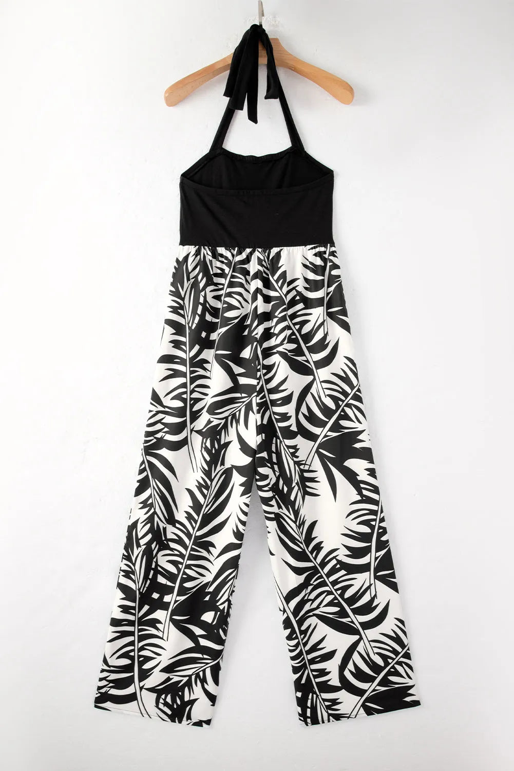 Black Halter Tropical Plant Print Wide Leg Jumpsuit - Chic Meadow Boutique 