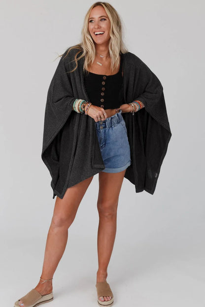 Black Lace Trim Ribbed Oversize Kimono - Chic Meadow Boutique 