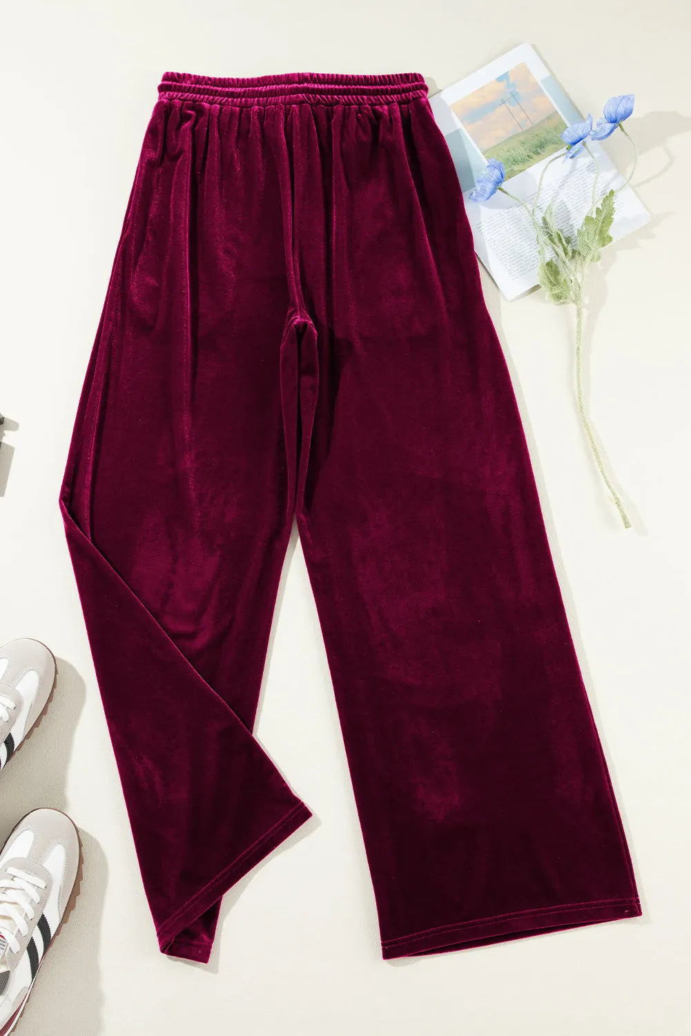 Burgundy Solid Drawstring Waist Wide Leg Pants - Chic Meadow Boutique 