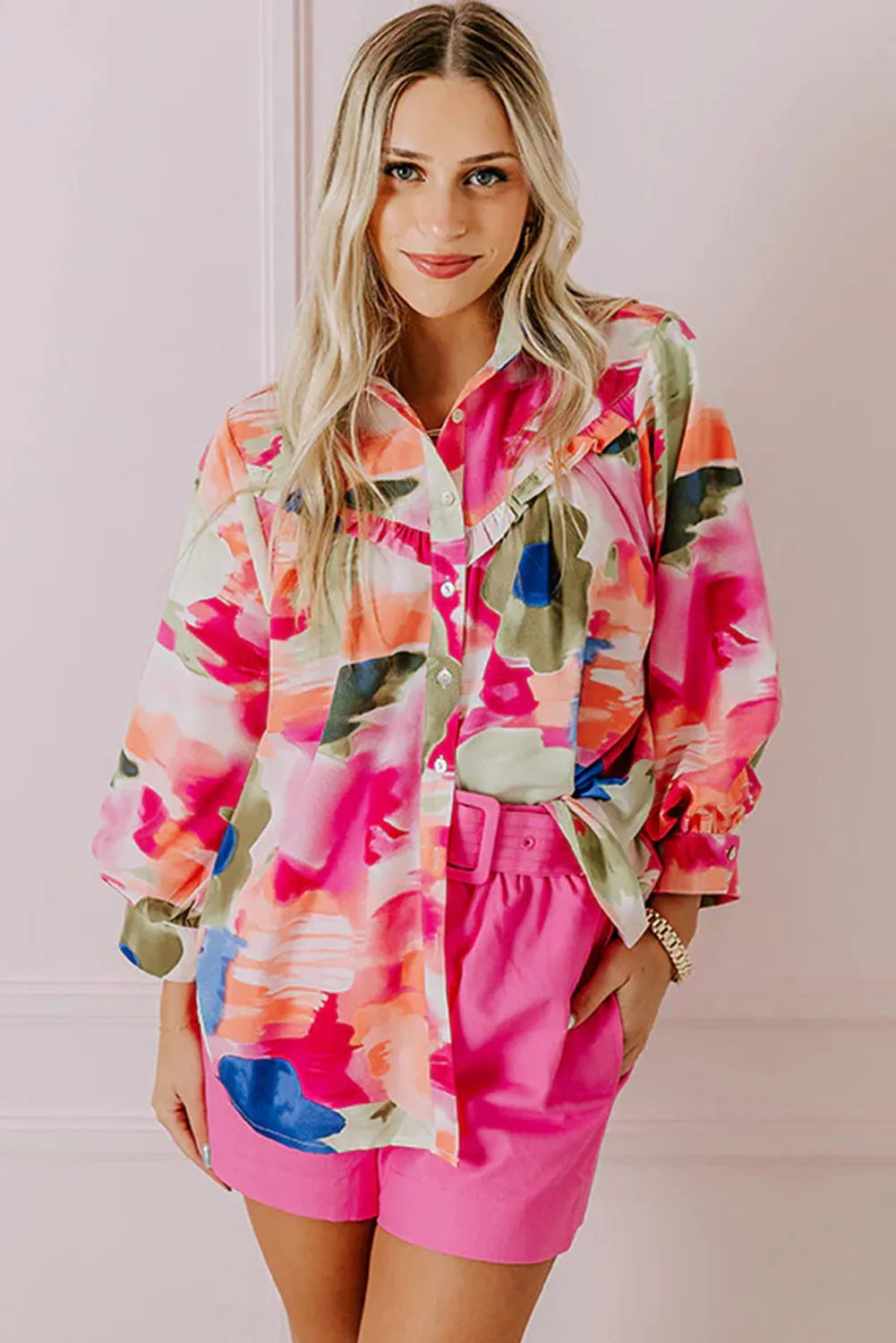 Rose Abstract Print Ruffled Puff Sleeve Shirt - Chic Meadow Boutique 