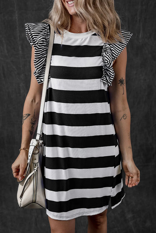 Black Stripe Contrast Ruffled Sleeve T-shirt Dress - Chic Meadow Boutique 