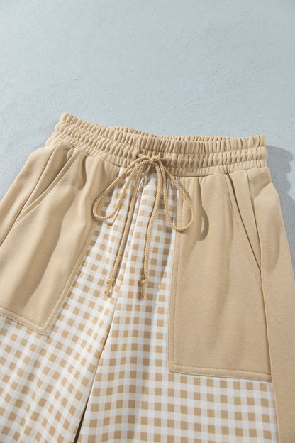 Khaki Color Block Plaid Patchwork Long Sleeve Pullover Wide Leg Pant Set