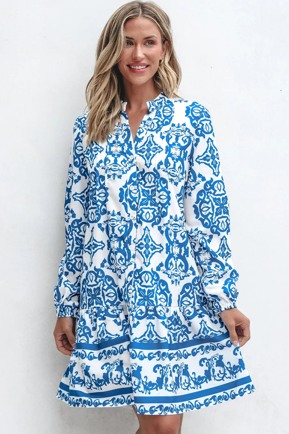 Sky Blue Tribal Print Button Up Notch Neck Loose Mini Dress - Chic Meadow Boutique 