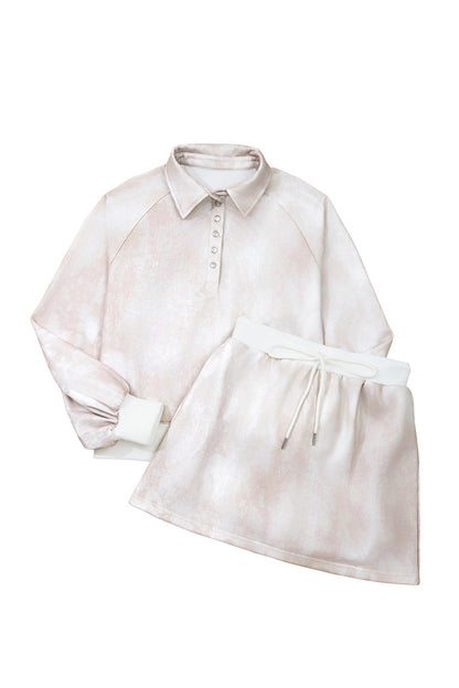 White Abstract Woodland Print Balloon Sleeve Pullover Drawstring Mini Skirt Set