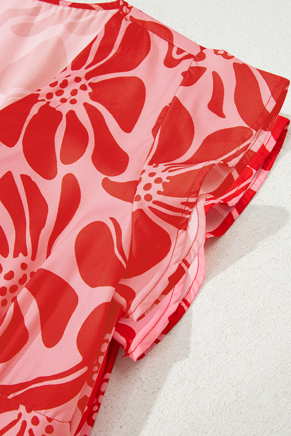 Red Boho Floral Short Sleeve V Neck Buttoned Shirred Waist Long Dress