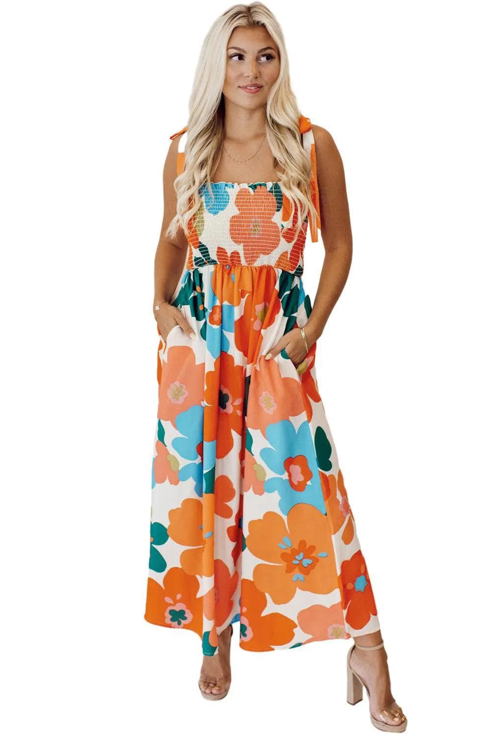 Dresses/Floral Dresses Orange Floral Self Tied Straps Smocked Bust Maxi Dress