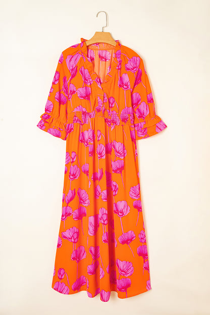 Orange Floral Print Frilly Smocked V Neck 3/4 Sleeve Long Dress