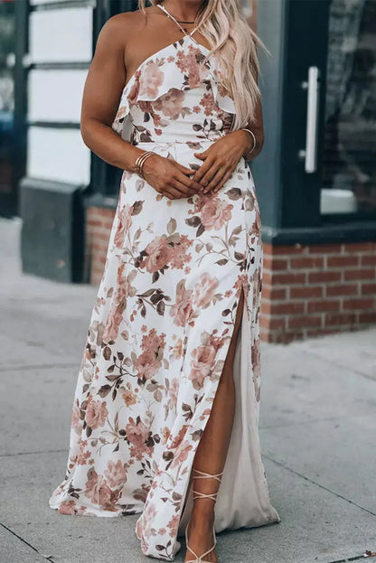 White Floral Slit Ruffled Halterneck Maxi Dress - Chic Meadow Boutique 