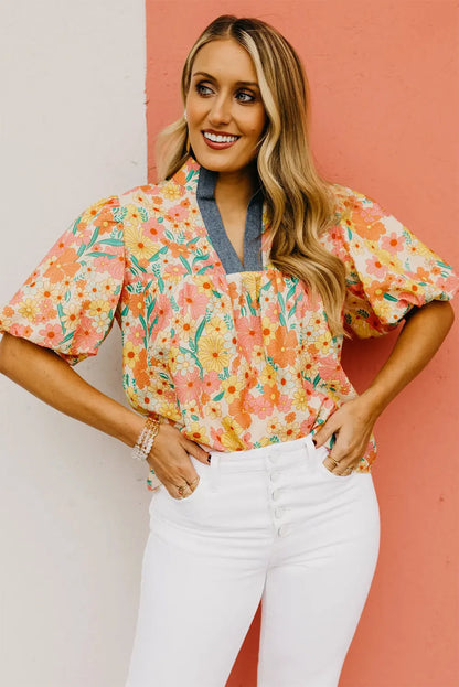 Multicolour Floral Print Bubble Sleeve V Neck Blouse - Chic Meadow Boutique 