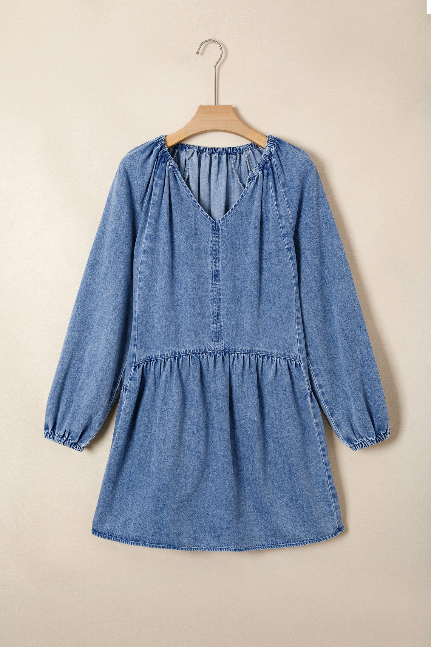 Myosotis Puff Sleeve V Neck Ruffled Loose Denim Mini Dress