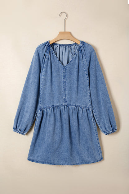 Myosotis Puff Sleeve V Neck Ruffled Loose Denim Mini Dress