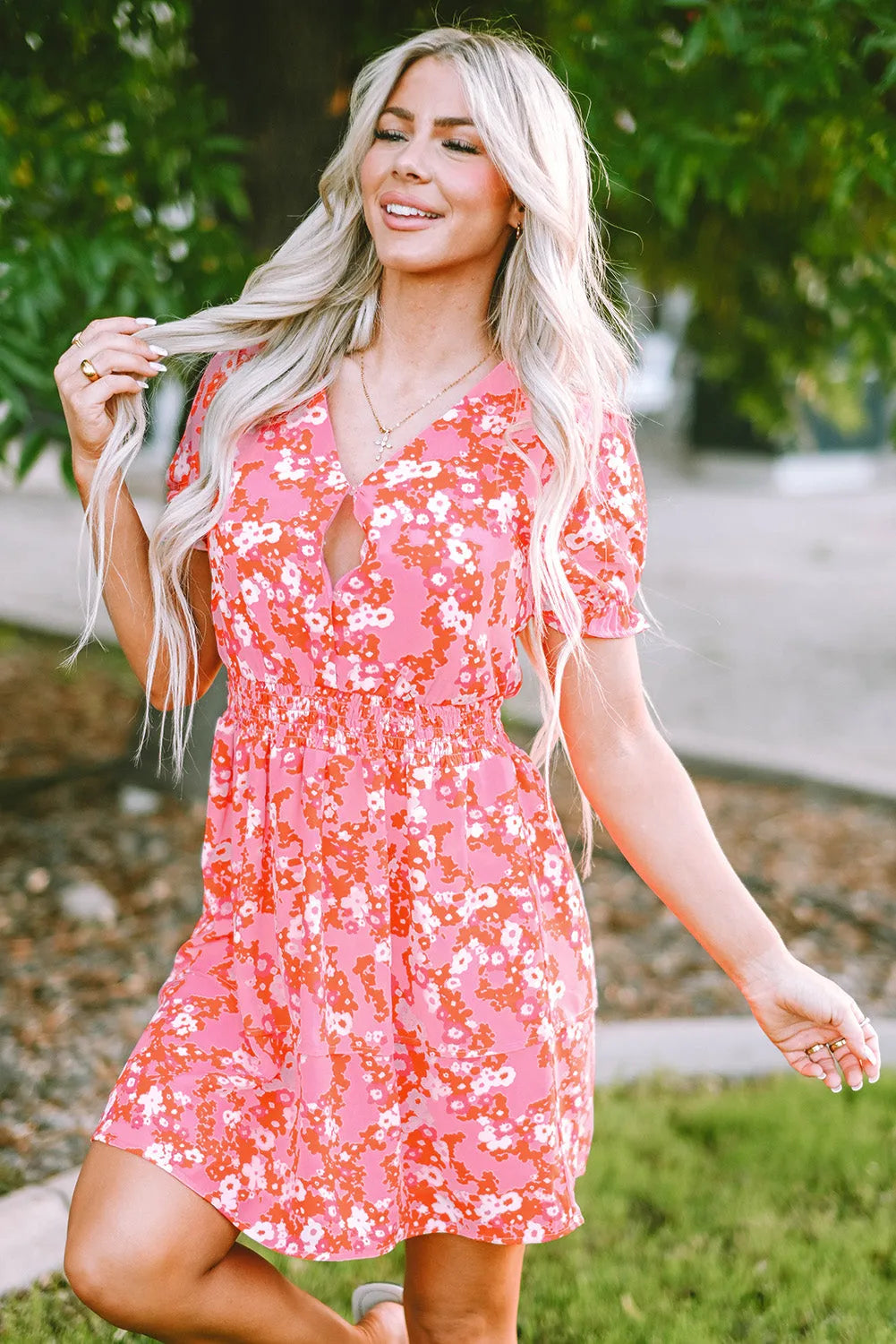 Pink Floral V Neck Short Ruffle Tiered Dress - Chic Meadow Boutique 