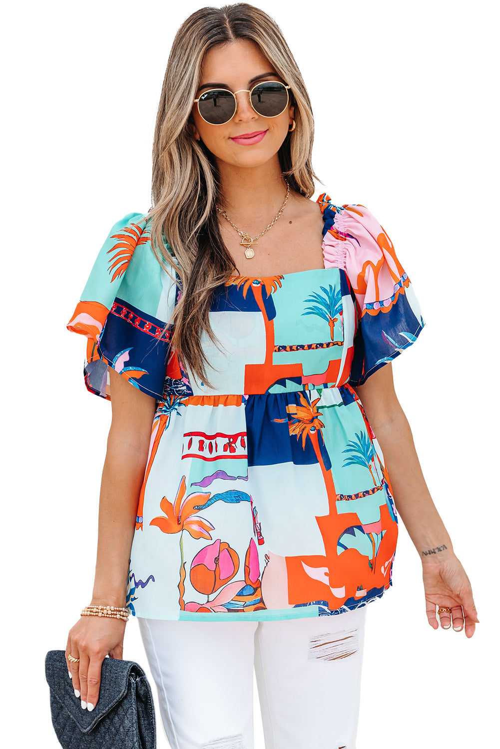 Sky Blue Tropical Printed Square Neck Flutter Sleeve Babydoll Blouse
