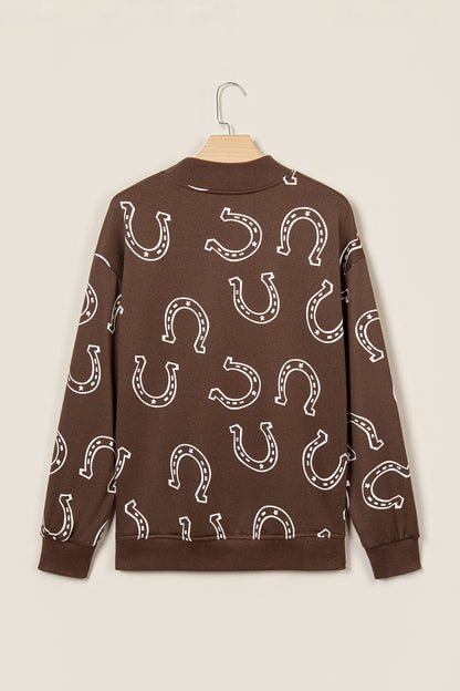 Brown Western Horseshoe Print Mock Neck Casual Pullover Sweatshirt