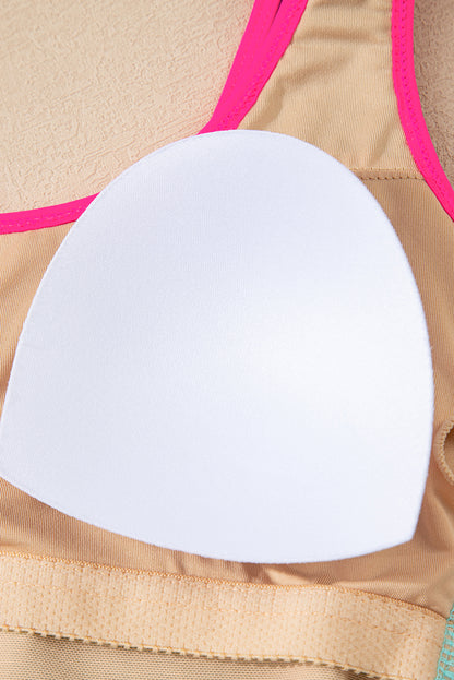 Iceland Blue Textured Color Block Patchwork One Piece Swimsuit