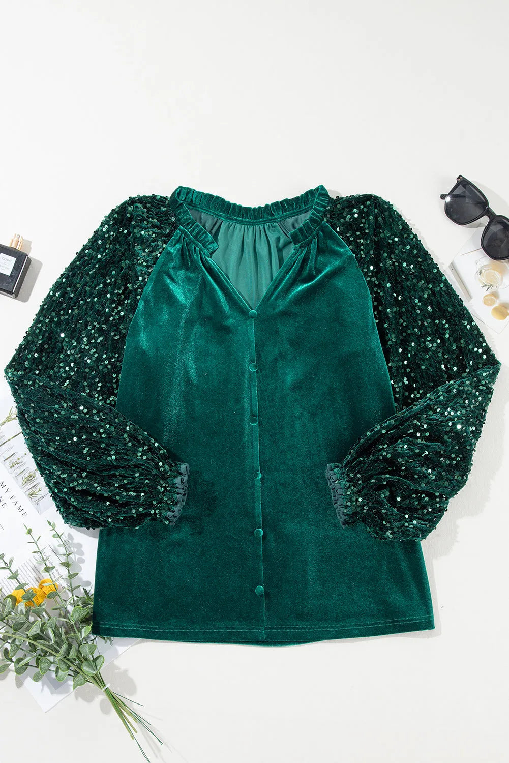 Evergreen Sequin Patchwork Sleeve Button Up Velvet Top - Chic Meadow Boutique 