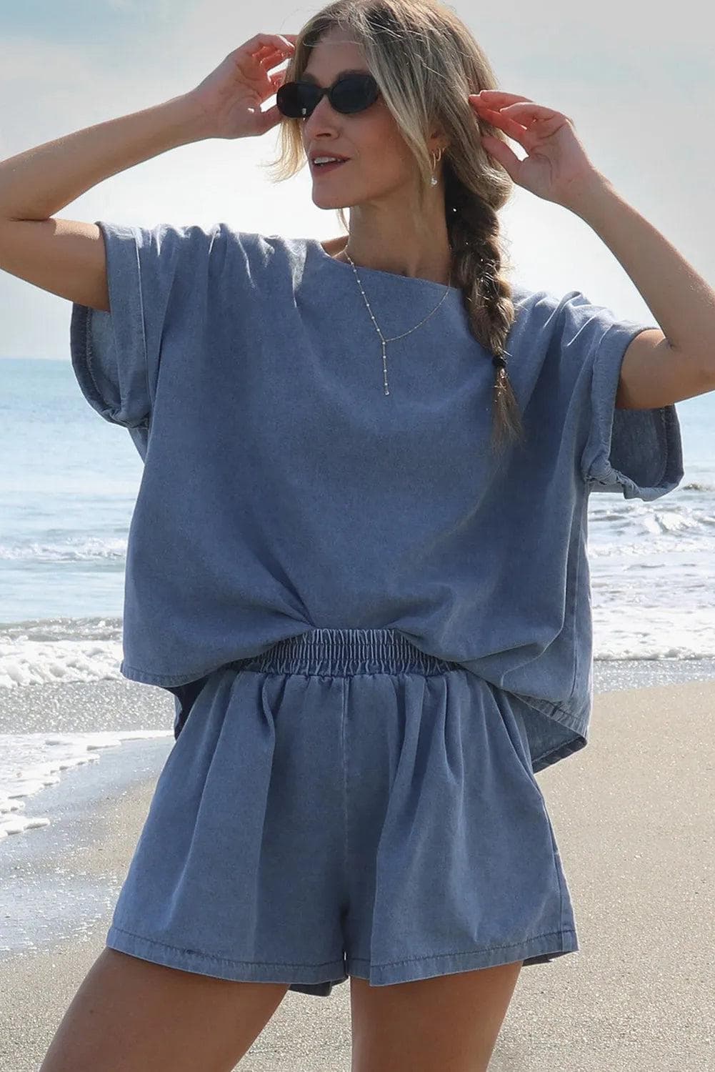 Two Piece Sets/Short Sets Light Blue Denim Cuffed Sleeve Tee Elastic Shorts Set