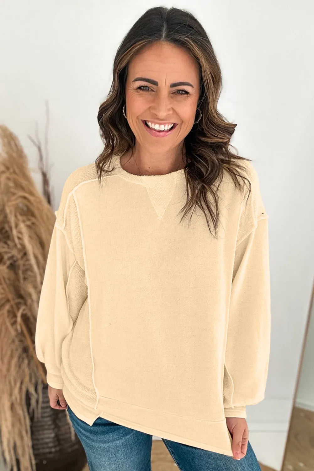 Beige Splicing Round Neck Pullover Sweatshirt - Chic Meadow Boutique 