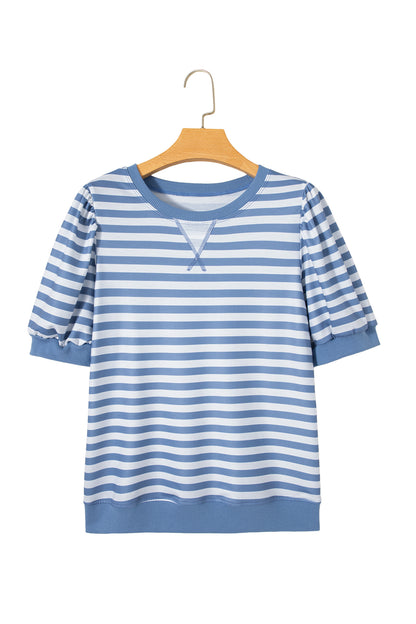 Sky Blue Stripe Short Bubble Sleeve T Shirt