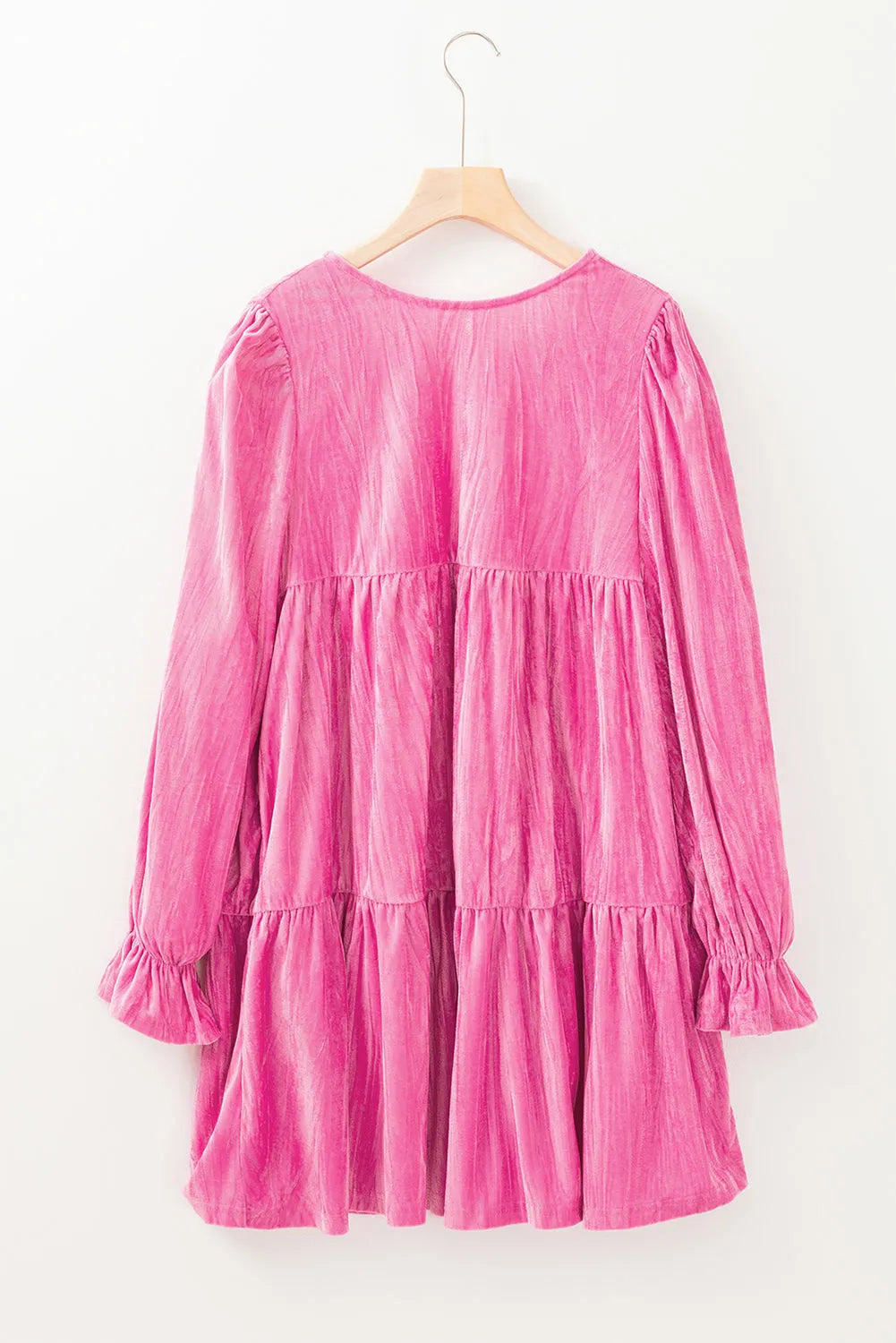 Strawberry Pink Flounce Sleeve Tiered Ruffled Velvet Mini Dress - Chic Meadow Boutique 